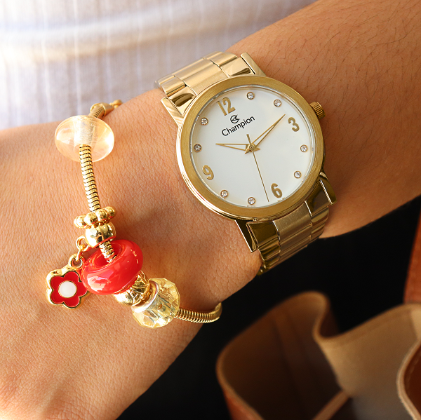 Relógio Champion Feminino Dourado Analógico CN29025W Colar e Brincos - 4
