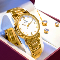 Relógio Champion Feminino Dourado Analógico CN29025W Colar e Brincos - 3