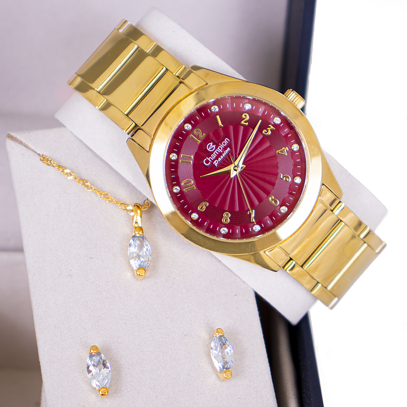Relógio Feminino Dourado Champion Analógico Prova D'agua CN29409X Colar e Brincos - 10