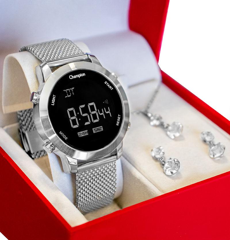 Relógio Champion Feminino Digital LED Prata CH40062T + Kit Colar e Brincos - 1