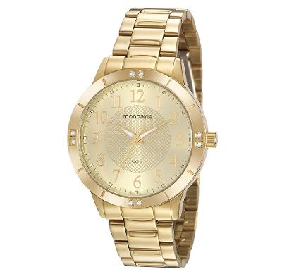 Relógio de Pulso Feminino Mondainde Dourado Analógico 32598LPMKDE1K1 Colar e Brincos