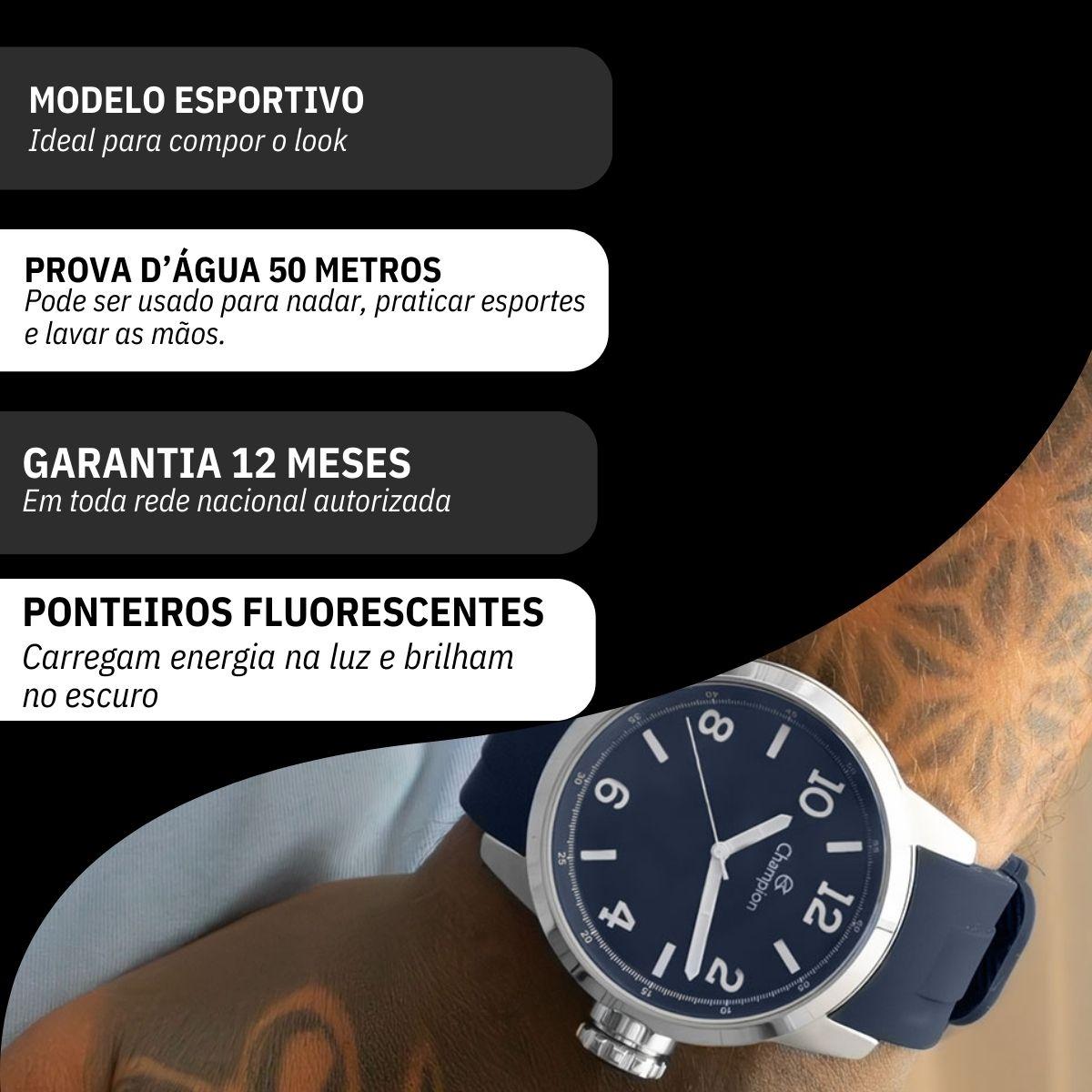 Relógio de Pulso Masculino Champion Analógico Azul Prova D'Água CN29758A - 3