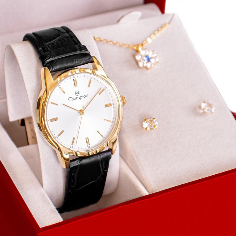 Relógio Champion Feminino Couro Preto CH22519W Colar e Brincos - 1