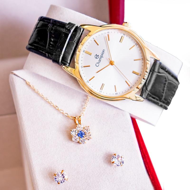 Relógio Champion Feminino Couro Preto CH22519W Colar e Brincos - 5