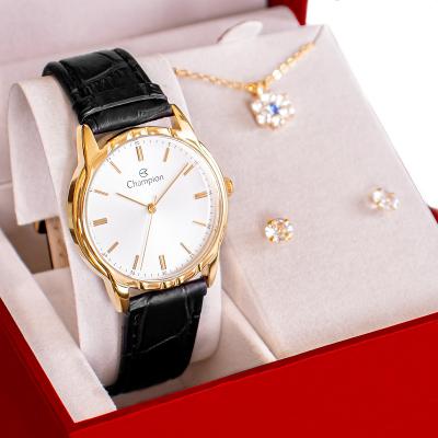 Relógio Champion Feminino Couro Preto CH22519W Colar e Brincos