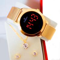 Relógio Champion Feminino Dourado Digital Led Vermelho CH40106H Kit Colar e Brincos - 5