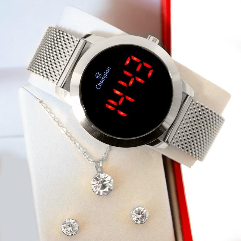 Relógio Champion Feminino Prata Digital Led Vermelho CH40106T Kit Colar e Brincos - 4