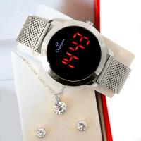 Relógio Champion Feminino Prata Digital Led Vermelho CH40106T Kit Colar e Brincos