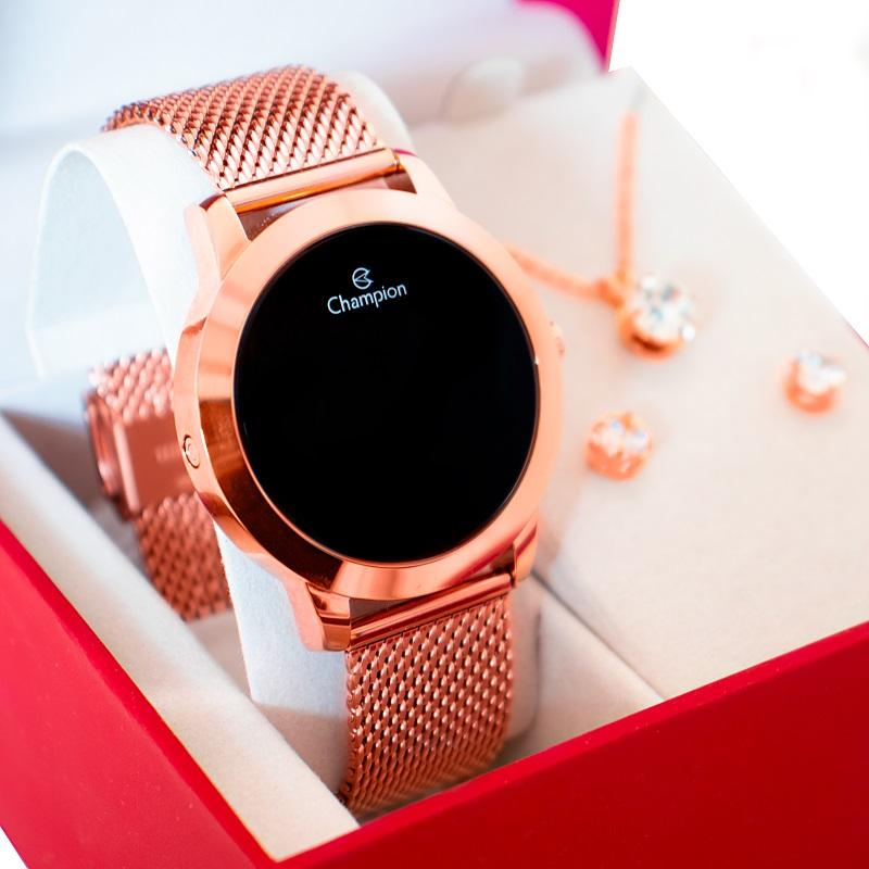 Relógio Champion Feminino Rosê Digital Led Vermelho CH40106Z Kit Colar e Brincos - 1