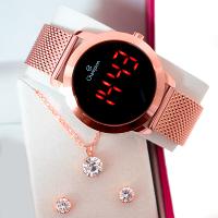 Relógio Champion Feminino Rosê Digital Led Vermelho CH40106Z Kit Colar e Brincos - 3