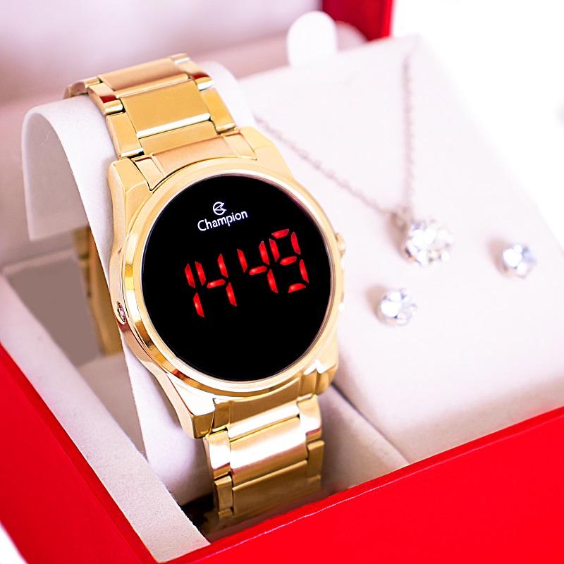 Relógio Feminino Champion Digital Dourado Led Vermelho CH40124H + Colar e Brincos - 1