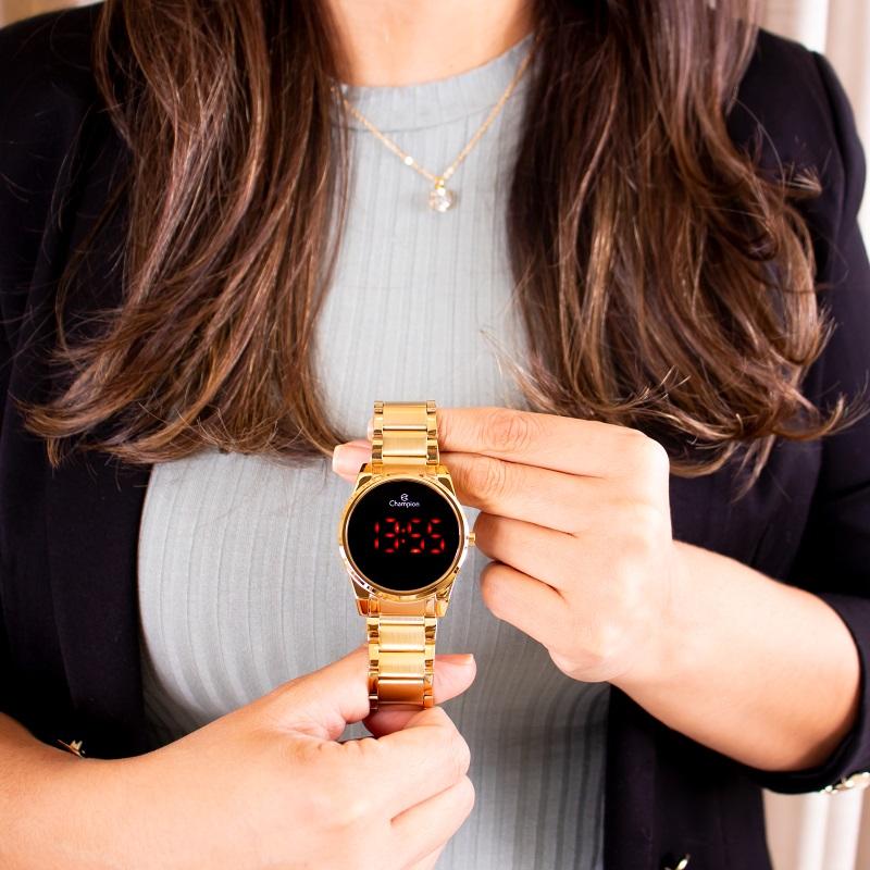 Relógio Feminino Champion Digital Dourado Led Vermelho CH40124H + Colar e Brincos - 4