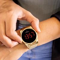 Relógio Feminino Champion Digital Dourado Led Vermelho CH40124H + Colar e Brincos - 3