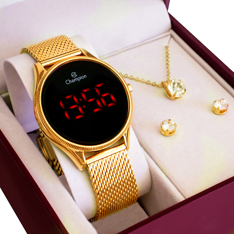 Relógio Champion Feminino Dourado Digital Led Vermelho CH40133V Colar e Brincos - 1
