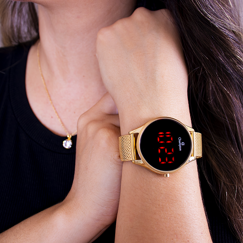 Relógio Champion Feminino Dourado Digital Led Vermelho CH40133V Colar e Brincos - 2