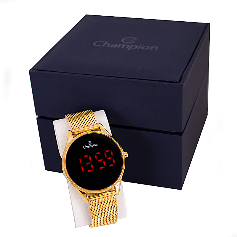 Relógio Champion Feminino Dourado Digital Led Vermelho CH40133V Colar e Brincos - 7