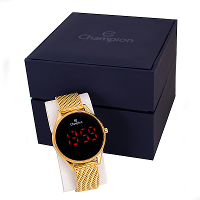 Relógio Champion Feminino Dourado Digital Led Vermelho CH40133V Colar e Brincos - 7