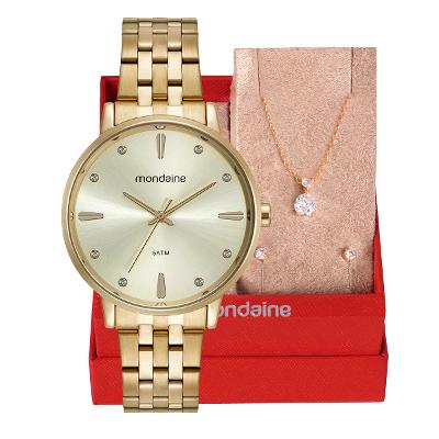 Relógio de Pulso Feminino Mondainde Dourado Analógico 32598LPMKDE1K1 Colar e Brincos