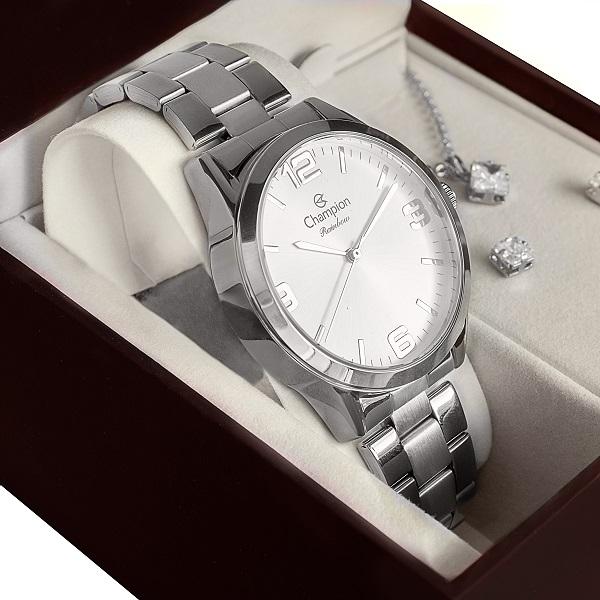 Relógio Feminino Champion Analógico Prata + Colar e Brincos CN29893C - 1