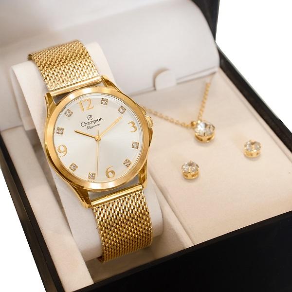 Relógio Feminino Champion Analógico Dourado Pulseira Mesh CN24093B Colar e Brincos - 1