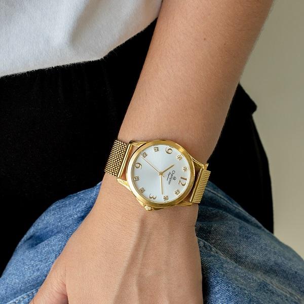 Relógio Feminino Champion Analógico Dourado Pulseira Mesh CN24093B Colar e Brincos - 2