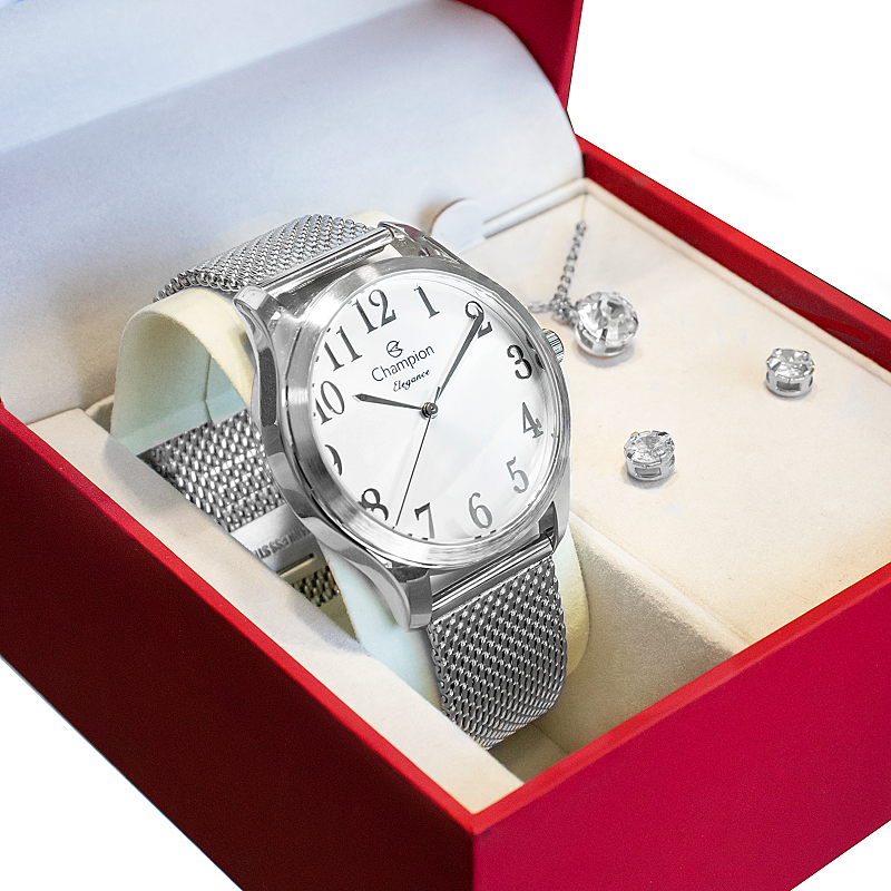 Relógio de Pulso Feminino Champion Analógico Prata CN26019Q Colar e Brincos - 1
