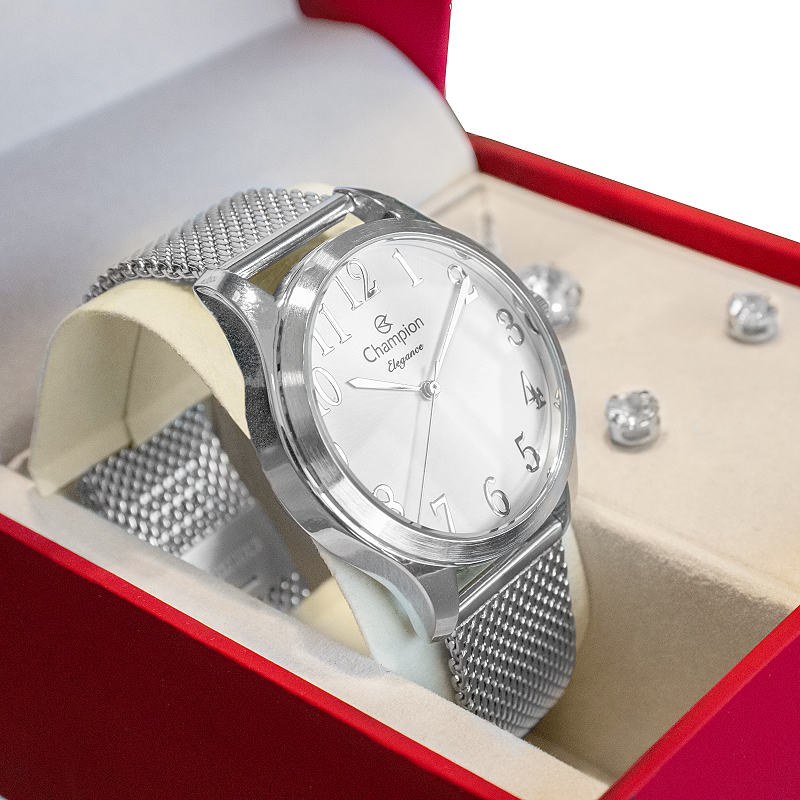 Relógio de Pulso Feminino Champion Analógico Prata CN26019Q Colar e Brincos - 3