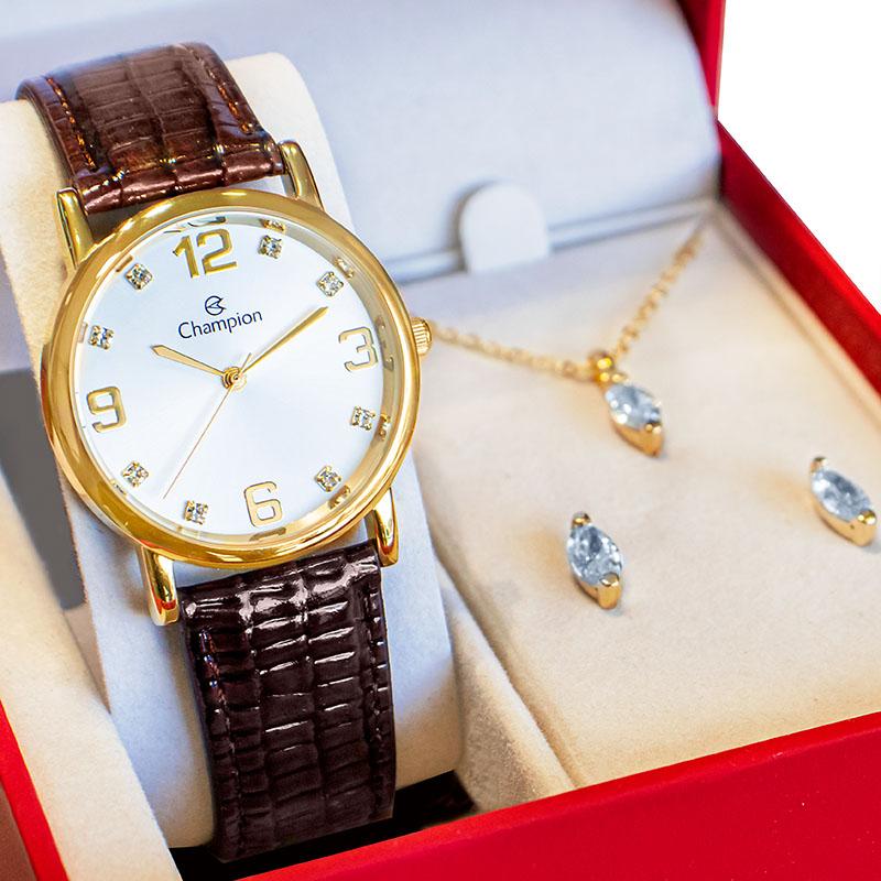 Relógio Feminino Champion Analógico Couro Marron Kit Colar e Brincos CN20186B - 1