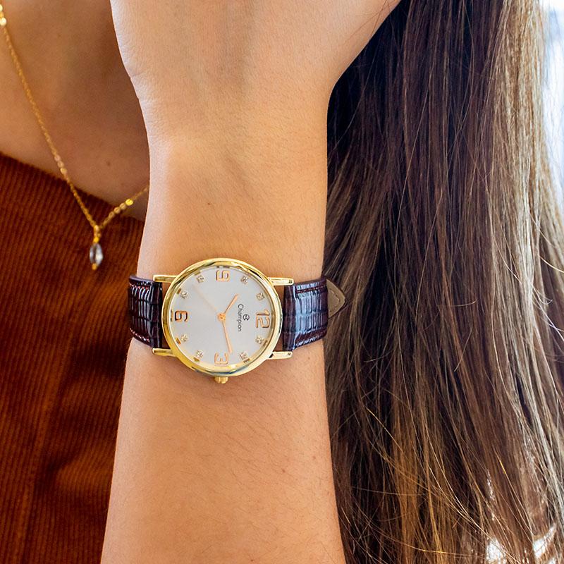 Relógio Feminino Champion Analógico Couro Marron Kit Colar e Brincos CN20186B - 2