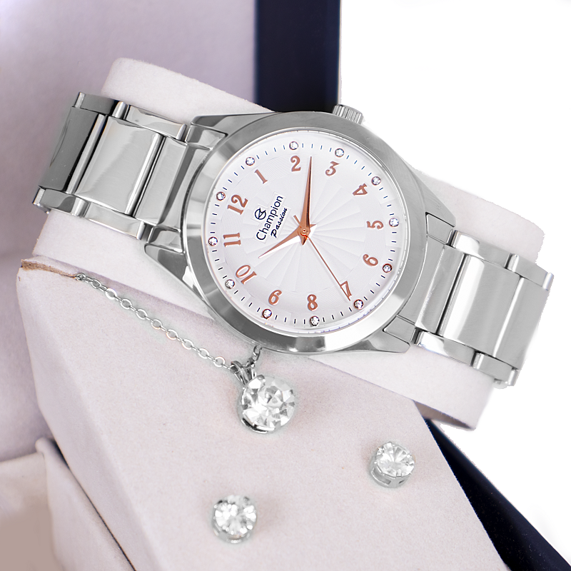 Relógio Feminino Champion Analógico Prata CN29409N Kit Colar Brincos - 5