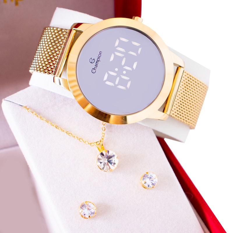Relógio Feminino Champion Digital Espelhado Pulseira Mesh CH40106B Colar e brincos - 5