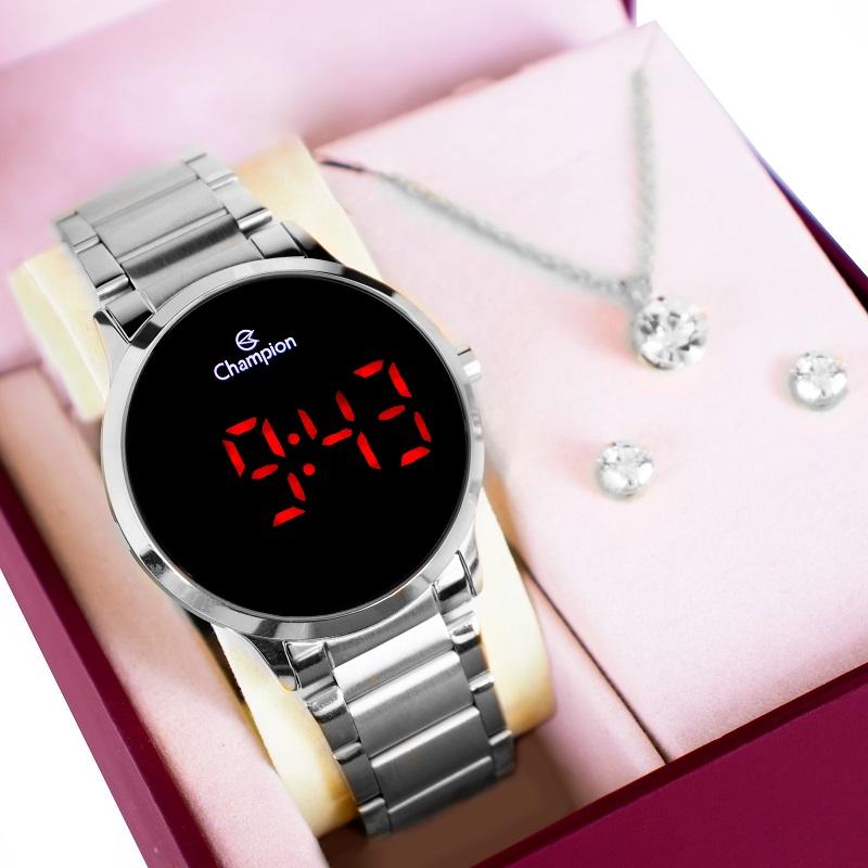 Relógio de Pulso Feminino Champion Digital Led Prata CH40142T Colar e Brincos - 1