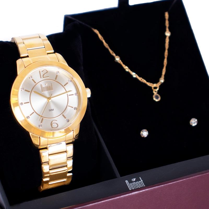 Relógio de Pulso Feminino Dumont Dourado Analógico DUPC21JAI/K1X Colar e Brincos - 1