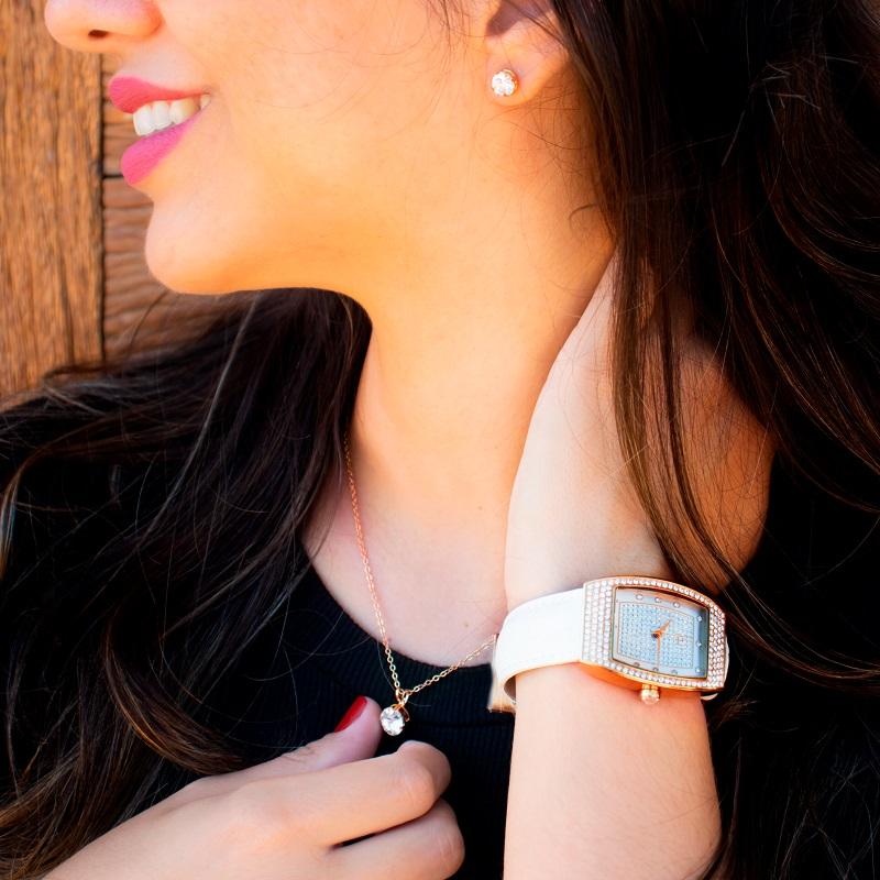 Relógio Feminino Champion Ana Hickmann Analógico Quadrado Couro Cristais AH28375B Colar e Brincos - 2