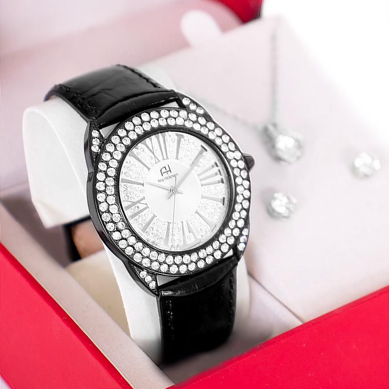 Relógio Feminino Champion Ana Hickmann Analógico Couro Preto Cristais AH28240Q Colar e Brincos - 1