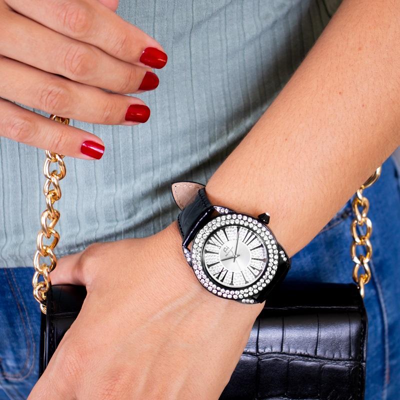 Relógio Feminino Champion Ana Hickmann Analógico Couro Preto Cristais AH28240Q Colar e Brincos - 2