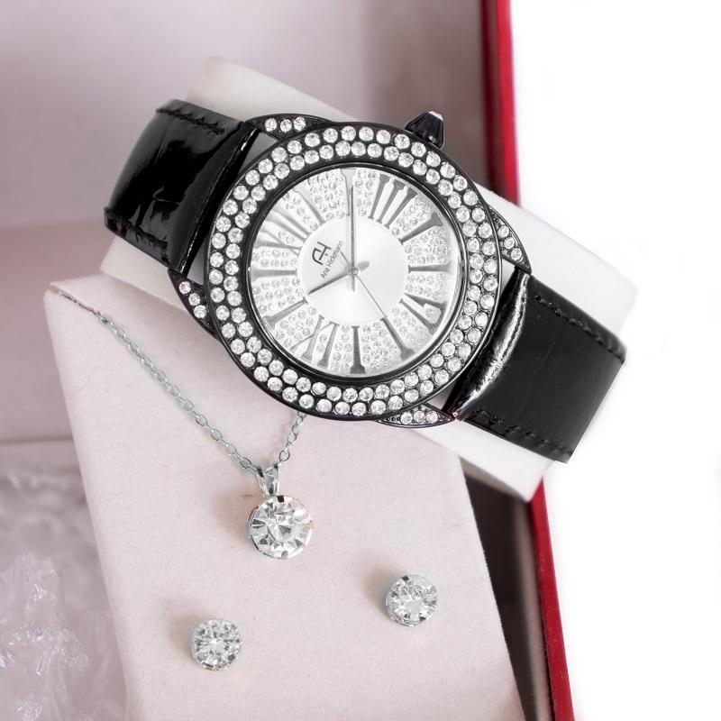 Relógio Feminino Champion Ana Hickmann Analógico Couro Preto Cristais AH28240Q Colar e Brincos - 6