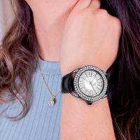 Relógio Feminino Champion Ana Hickmann Analógico Couro Preto Cristais AH28240Q Colar e Brincos - 3