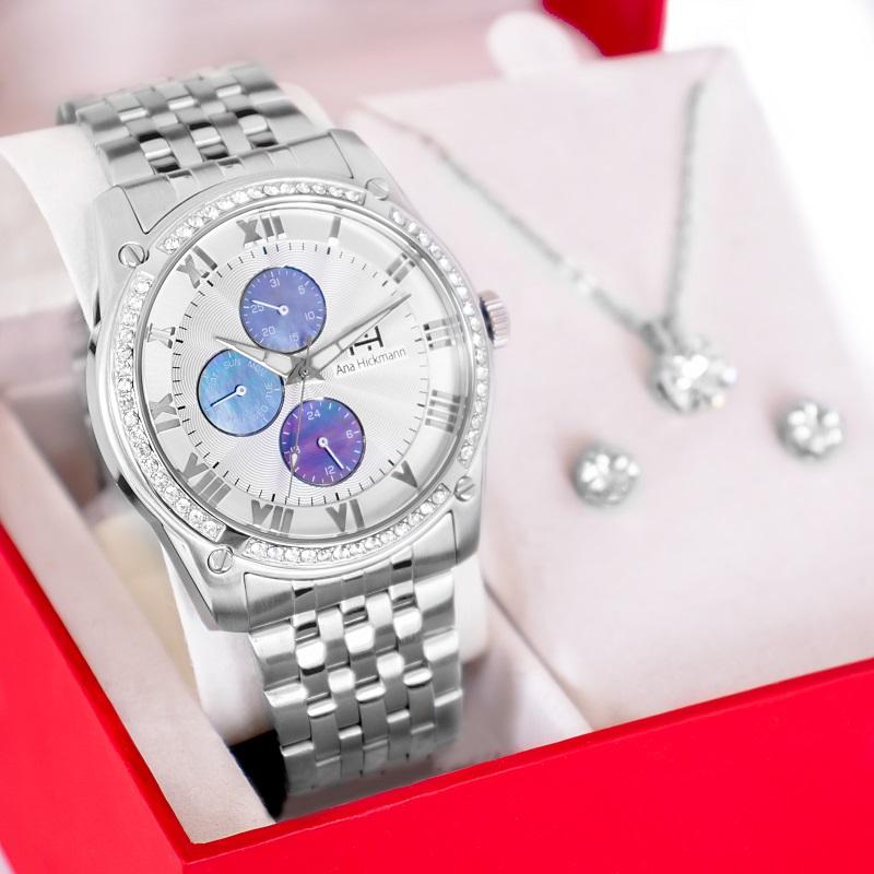 Relógio Champion Ana Hickmann Feminino Prata Multi-Função AH30308Q Kit Colar e Brincos - 1