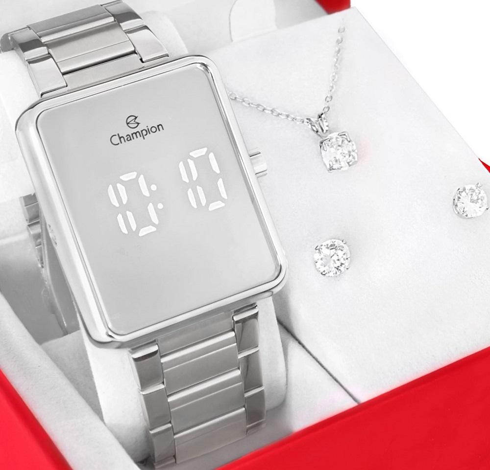 Kit Relógio Champion Feminino Digital Prata Espelhado Colar Brincos CH40086S - 1