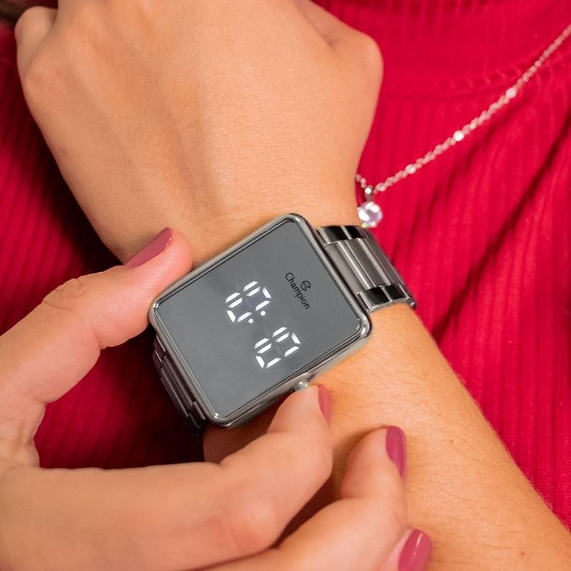 Kit Relógio Champion Feminino Digital Prata Espelhado Colar Brincos CH40086S - 3