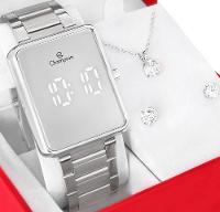 Kit Relógio Champion Feminino Digital Prata Espelhado Colar Brincos CH40086S - 1