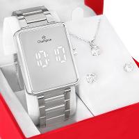 Kit Relógio Champion Feminino Digital Prata Espelhado Colar Brincos CH40086S - 8