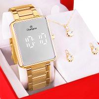 Kit Relógio Champion Feminino Digital Dourado Espelhado Colar Brincos CH40086B - 8