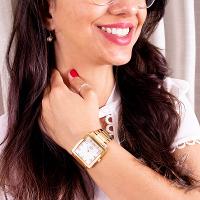 Relógio Champion Feminino Dourado Quadrado CN26582H Colar e Brincos - 3