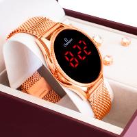 Relógio Champion Feminino Rosê Digital Led Vermelho CH40133P Kit Colar e Brincos