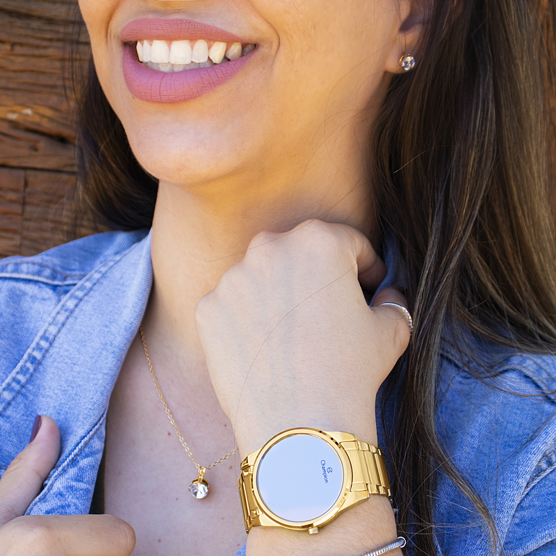 Relógio Feminino Champion Digital Espelhado Dourado CH40124B Kit Colar e Brincos - 2