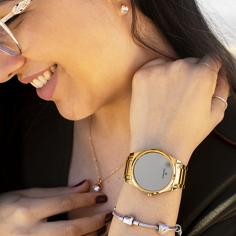 Relógio Feminino Champion Digital Espelhado Dourado CH40124B Kit Colar e Brincos - 4