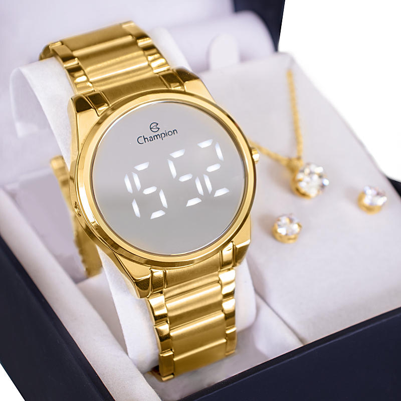 Relógio Feminino Champion Digital Espelhado Dourado CH40124B Kit Colar e Brincos - 5