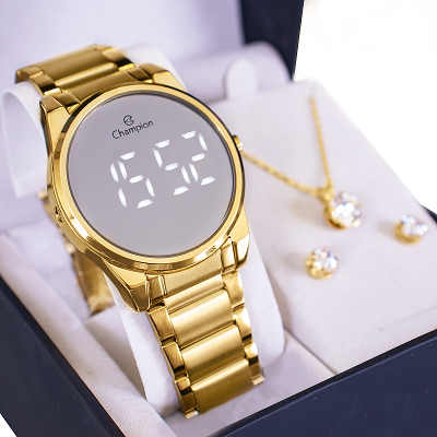 Relógio Feminino Champion Digital Espelhado Dourado CH40124B Kit Colar e Brincos